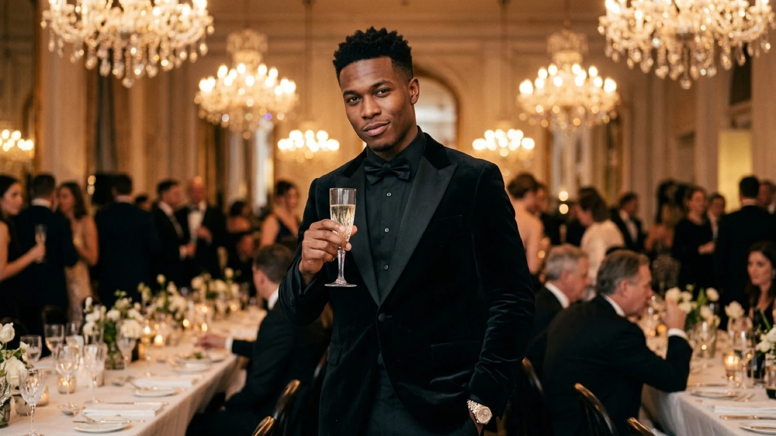A champagne toast under chandeliers at a celebrity gala